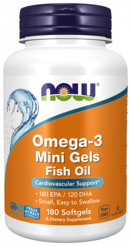 NOW Omega-3 Mini Gels Fish Oil, Омега 3 мини капсулы Рыбий Жир, 180 капсул